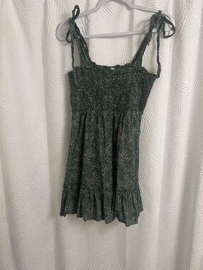 aerie Dark Green Micro Floral Smocked Mini Dress with Tie Straps